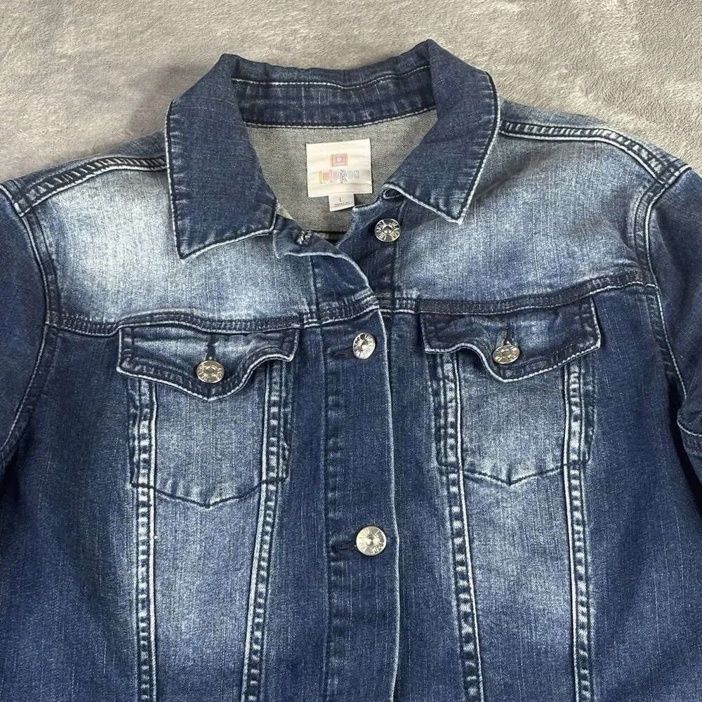 Lularoe Harvey Denim Jean Jacket Embroidered Floral Dark Wash Women Large Button